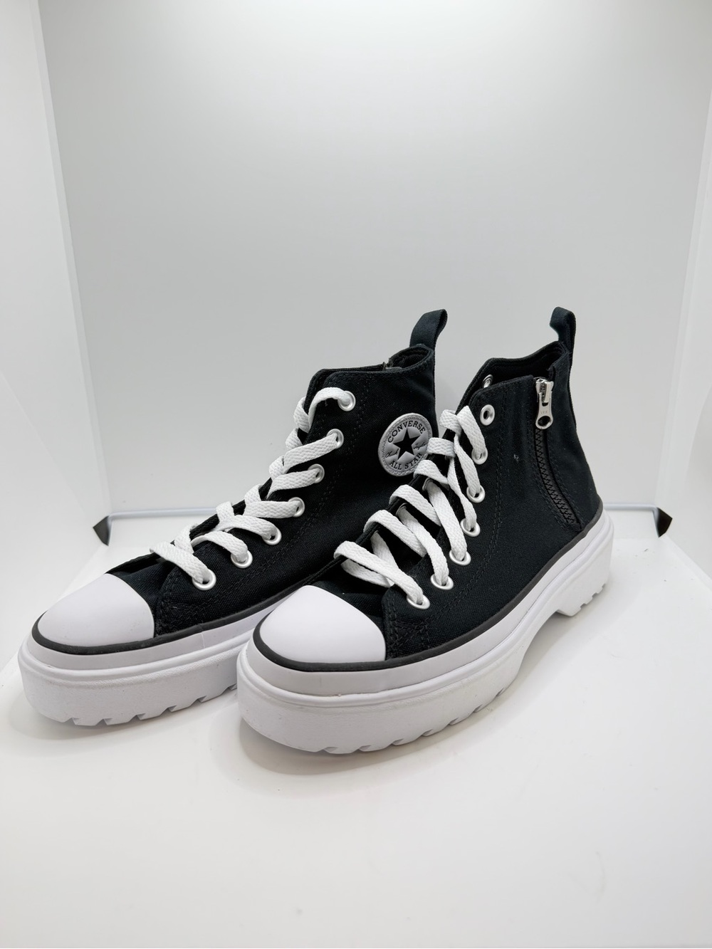 Converse Black & White Platform High Top Sneakers with Side Zipper